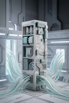 Layered papercraft edge computing hub with stacked processor modules and flowing paper data streams inside a futuristic technology chamber.