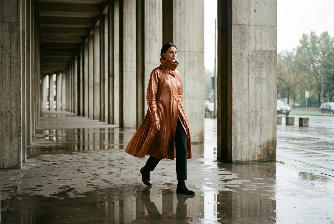 Fashion model in a copper pleated raincoat walking through a rainy concrete arcade with reflective wet pavement and cinematic lighting.