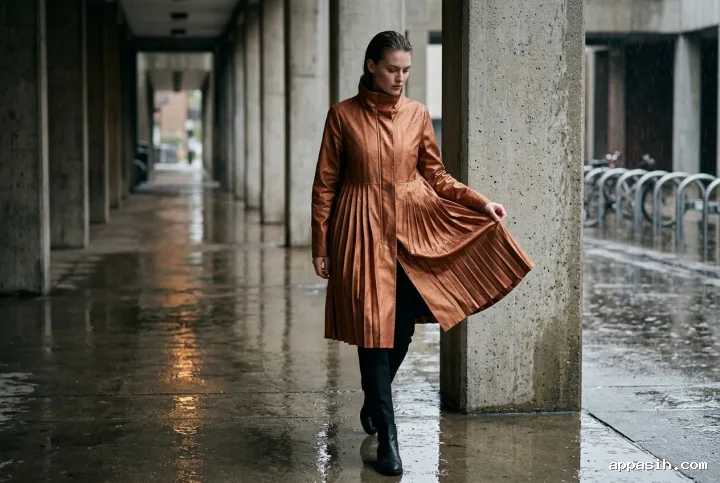 Fashion model in a sculptural copper pleated raincoat beside a concrete column in the same rainy arcade, with wet reflections and cinematic amber highlights.