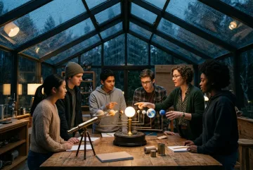 Science teacher and students studying an illuminated solar-system model during a cinematic astronomy lesson in a rainy glass-roof classroom.