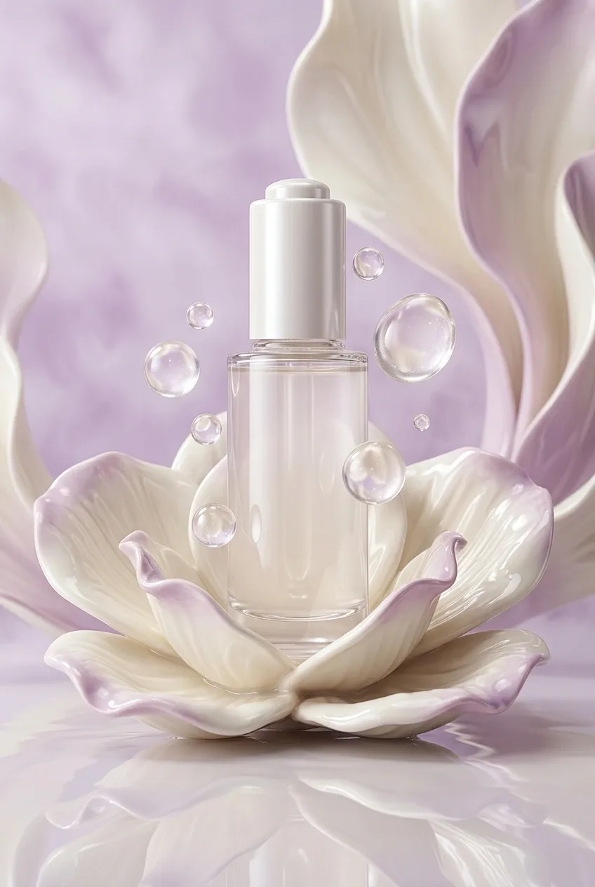 Pearlescent facial serum bottle emerging from a glossy porcelain flower with floating cosmetic droplets in a surreal lavender beauty garden.