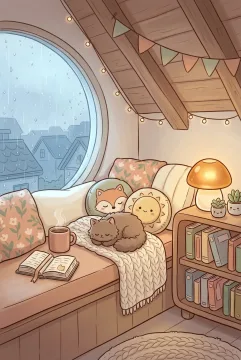 Kawaii cartoon attic reading nook with a crescent-shaped rainy window, cushioned bench, small bookshelf, warm lamp, plants, and pastel decor.