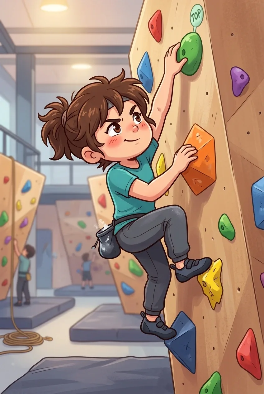 Chibi rock climber reaching toward the final hold on a colorful indoor bouldering wall.