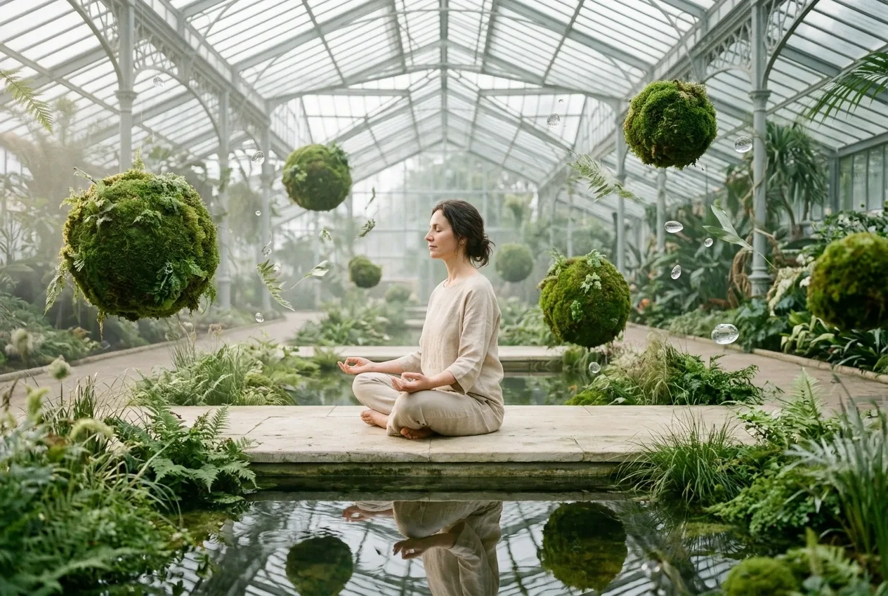 Woman practicing breathwork in a surreal botanical sanctuary with floating moss spheres, suspended water droplets, lush plants, and soft morning light.