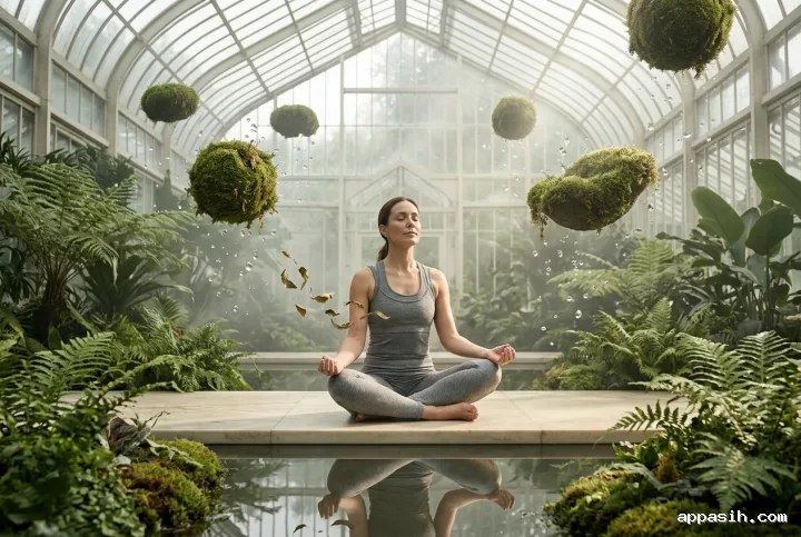 Woman performing calming breathwork in a surreal botanical sanctuary surrounded by floating moss spheres, suspended water droplets, reflective water, and luminous morning mist.