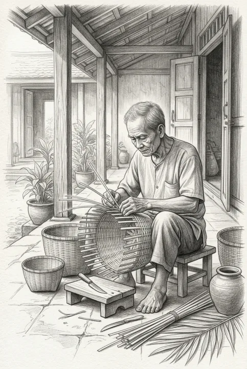 Pencil sketch of an elderly bamboo basket weaver crafting a round basket beneath a traditional timber veranda in a tropical heritage courtyard.