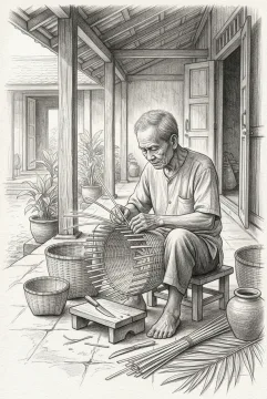 Pencil sketch of an elderly bamboo basket weaver crafting a round basket beneath a traditional timber veranda in a tropical heritage courtyard.