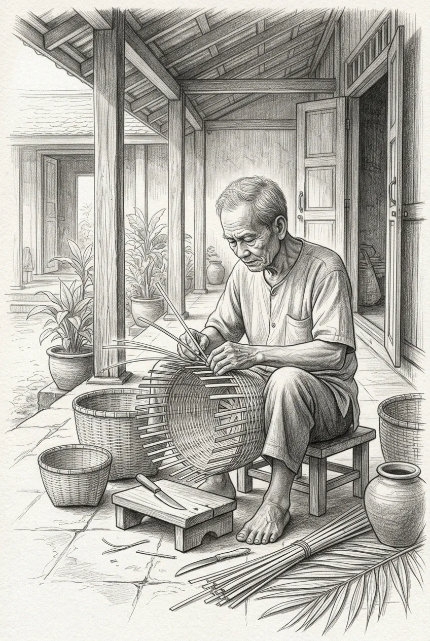 Pencil sketch of an elderly bamboo basket weaver crafting a round basket beneath a traditional timber veranda in a tropical heritage courtyard.