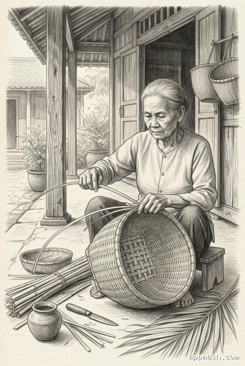 Detailed pencil sketch of the same elderly bamboo basket weaver seen closer while weaving bamboo beneath a weathered timber veranda in a tropical heritage courtyard.