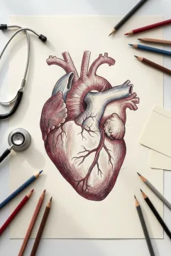 Colored pencil drawing of a human heart anatomy study on a medical research desk with a stethoscope and drawing tools.