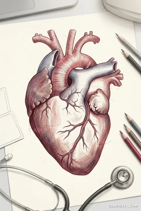 Detailed colored pencil drawing of a human heart anatomy study viewed closely on a medical research desk with a stethoscope and drawing tools.