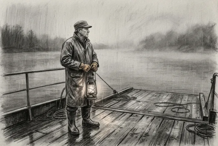 Charcoal drawing of a ferry signal keeper holding a lantern on a rainy mist-covered river deck.