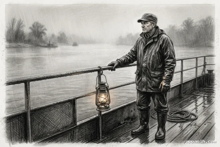 Detailed charcoal drawing of the same ferry signal keeper beside a lantern and wet railing on a misty river ferry.