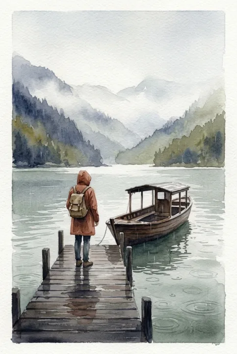 Watercolor painting of a lone traveler in a raincoat waiting beside a wooden ferry on a misty mountain lake during light morning rain.