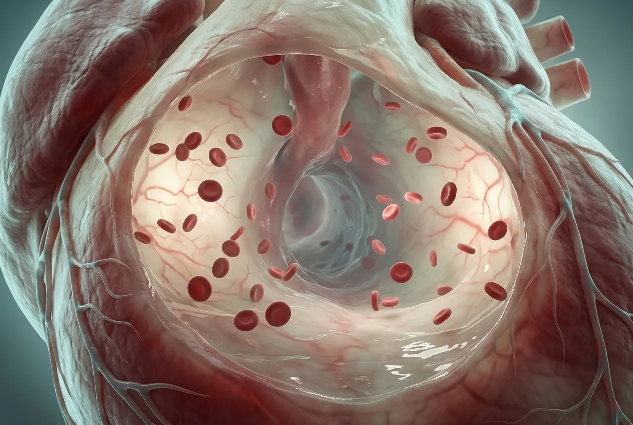 Surreal translucent human heart chamber with floating red blood cells and softly glowing branching blood vessels.