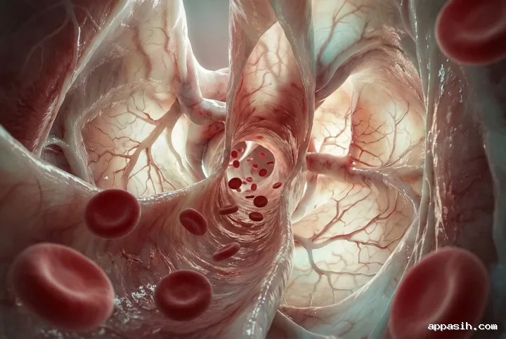 Wide surreal view inside a translucent human heart chamber with layered floating red blood cells, glowing capillaries, and organic vessel walls.