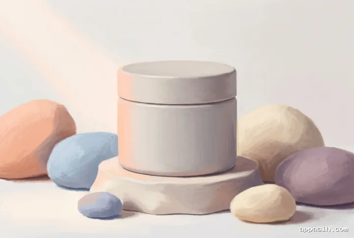 Close three-quarter view of a blank cosmetic balm jar on a pastel-painted pedestal with softly textured peach, blue, cream, and lavender forms.