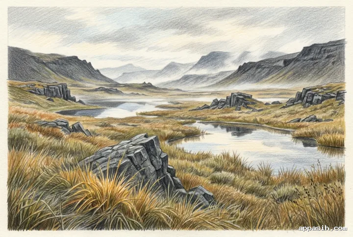 Detailed colored pencil drawing of the same mistlit basalt valley viewed from a closer low angle, with amber wet grasses, reflective pools, dark rock formations, and softly layered distant ridges.