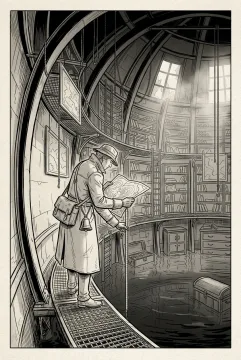 Line art drawing of a fog bell cartographer mapping rising water inside a tall flooded archive tower with suspended charts and narrow walkways.