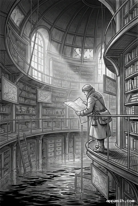 Detailed line art drawing of the same fog bell cartographer checking a waterline inside the flooded circular archive tower beneath hanging charts and misty windows.