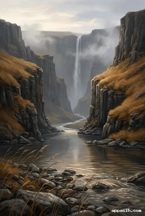 Detailed digital painting of an amber-grass basalt canyon with a distant waterfall, misty cliffs, wet river stones, and soft dawn reflections.