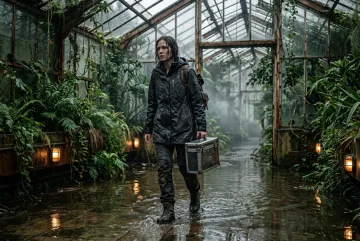 Cinematic rainwatch courier carrying a sealed metal case through a misty flooded glasshouse with wet plants and amber emergency lights.