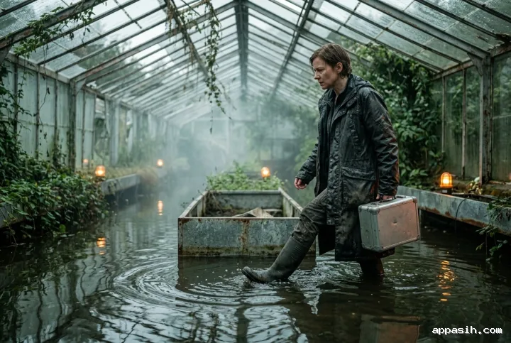 Cinematic rainwatch courier stepping through reflective floodwater inside a misty abandoned glasshouse while carrying a sealed metal case.
