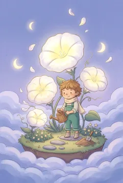 Young cloud gardener watering glowing moonflowers on a floating garden island in a dreamy children's book illustration.