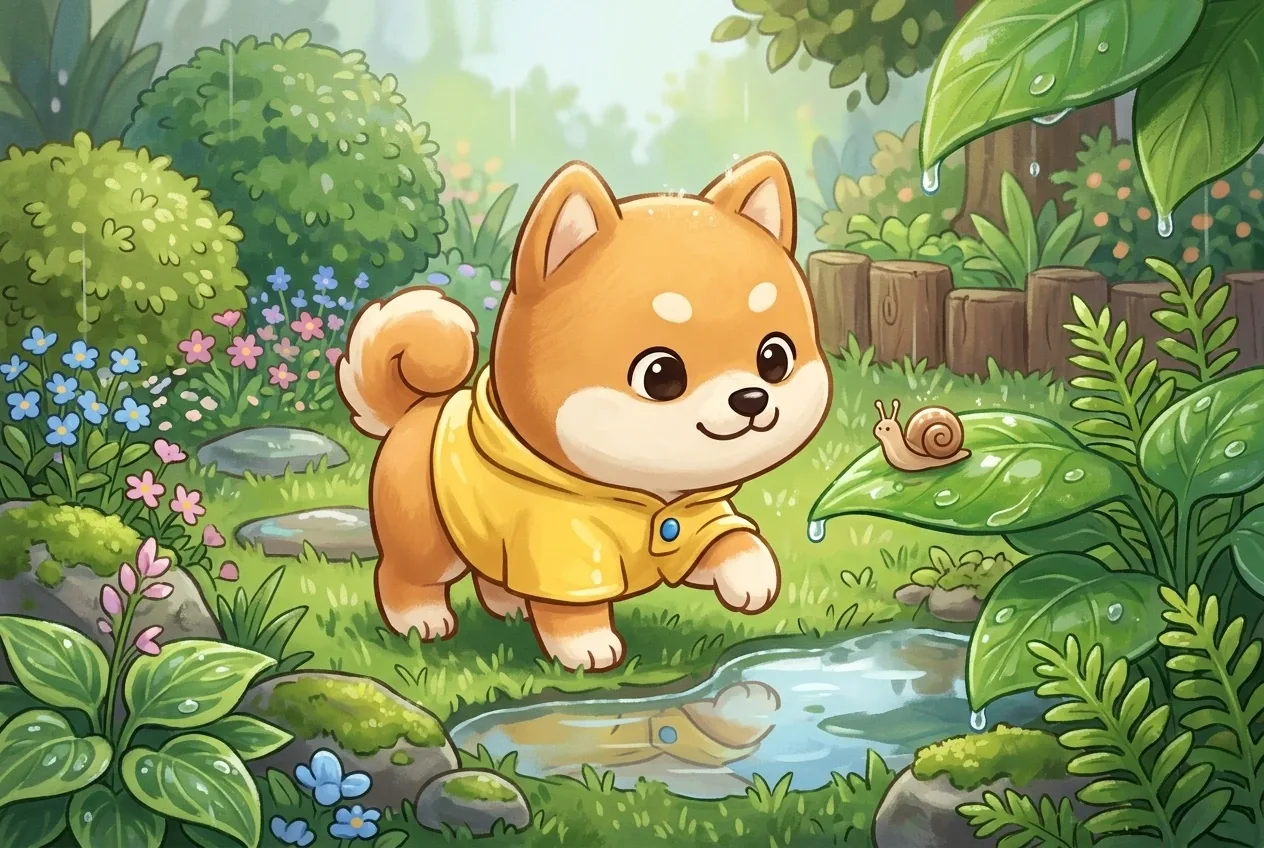 Chibi Shiba Inu in a yellow raincoat watching a tiny snail beside a reflective puddle in a lush rainy garden.