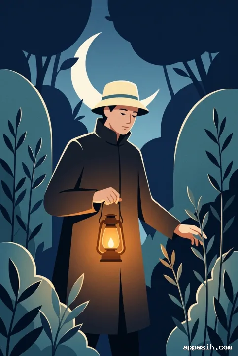 Minimalist graphic lantern keeper walking through the same midnight garden, holding an amber lantern beside dark geometric foliage.
