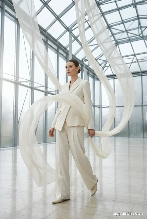 Fashion model in the same sculptural ivory suit walking through a glass atrium as translucent ribbons curve weightlessly around the figure.