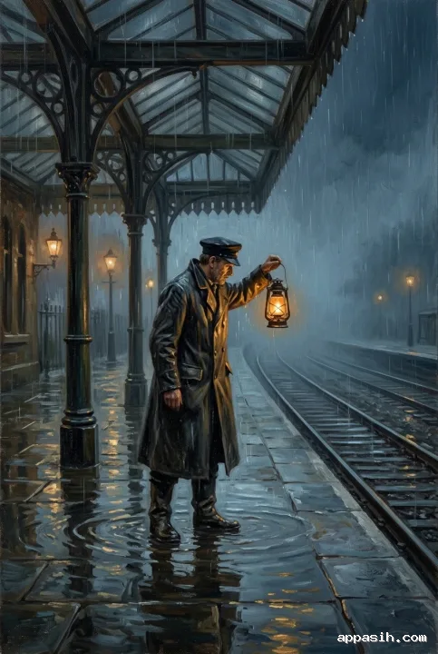 Detailed oil painting of a lantern keeper raising a glowing amber lantern on a flooded railway platform as rain falls over mist-covered tracks at dusk.