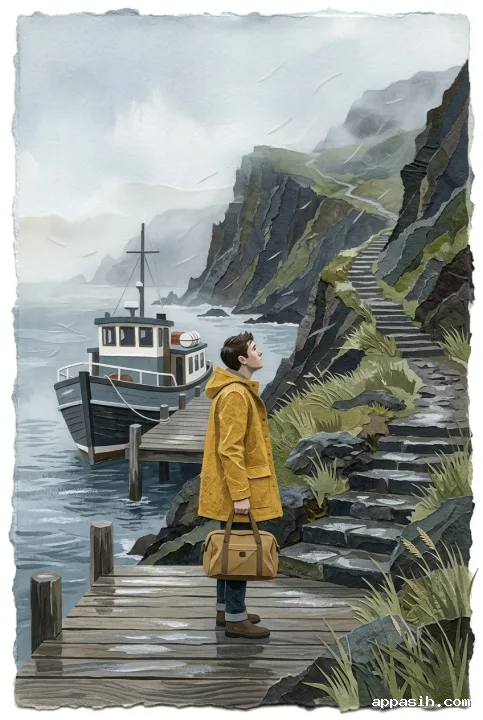 Closer mixed-media collage view of a traveler in a mustard raincoat walking from a misty volcanic island ferry landing toward wet stone steps beneath rugged coastal cliffs.