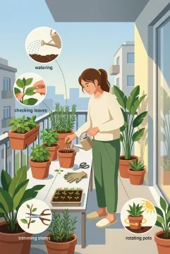Young woman watering potted herbs on an apartment balcony in a vertical infographic illustration of a peaceful morning plant-care routine.