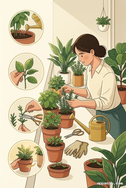 Young woman checking rosemary beside potted herbs on the same apartment balcony in a detailed vertical infographic illustration of a calm morning plant-care routine.