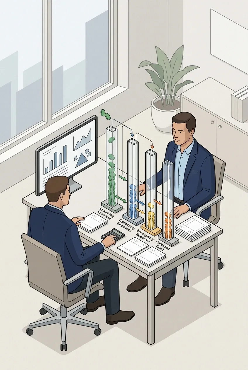 Small business owner managing revenue, expenses, reserves, and cash flow at a technical financial control desk.