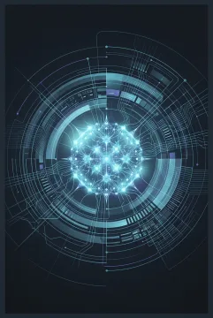 Abstract technology graphic showing a luminous neural data core surrounded by layered circuit pathways and flowing digital signal structures.