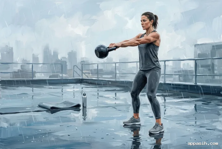 Athletic woman performing a kettlebell swing from a lower side angle on the same misty rain-wet rooftop, rendered in layered acrylic paint.