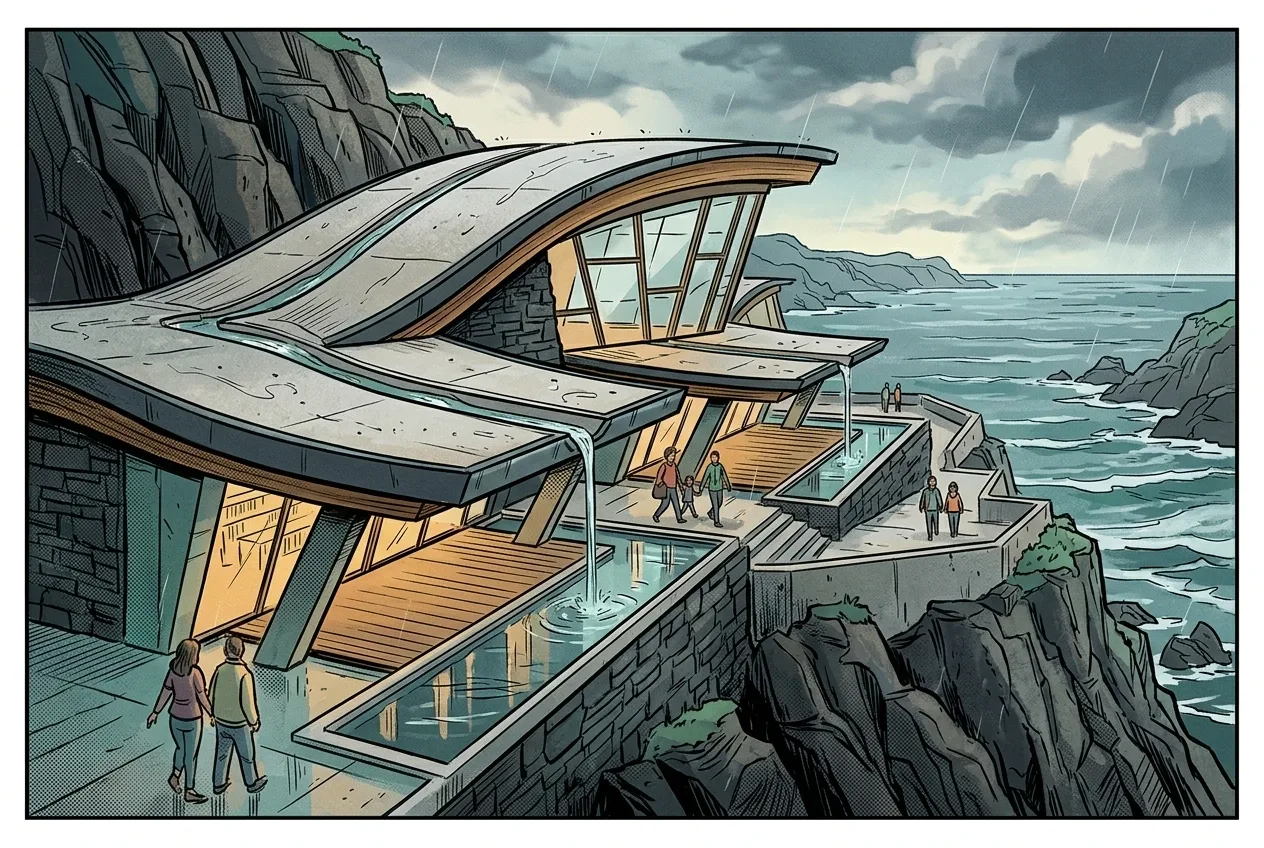 Cartoon Comic Book illustration of a cliffside rainwater library pavilion with stepped terraces, curved collection roofs, reflecting basins, and an overcast ocean backdrop.