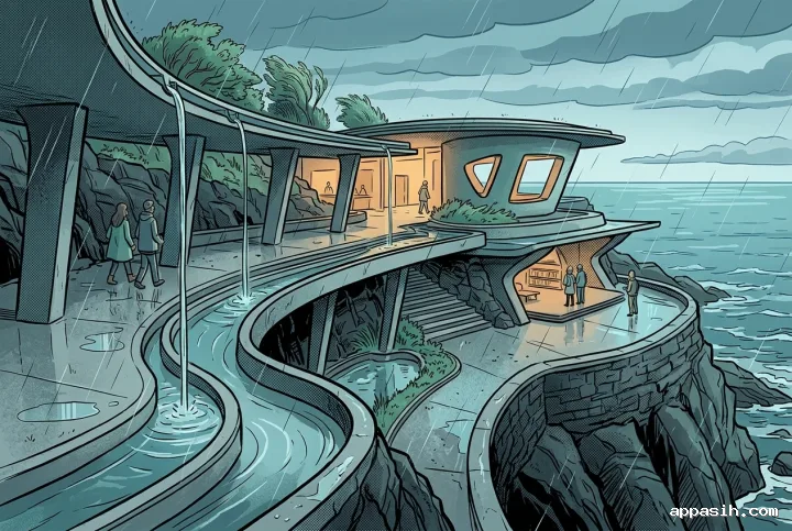 Detailed Cartoon Comic Book view of the cliffside rainwater library pavilion showing curved roof channels, stepped reading terraces, reflecting basins, wet stone surfaces, warm interior lighting, and the stormy ocean coast.