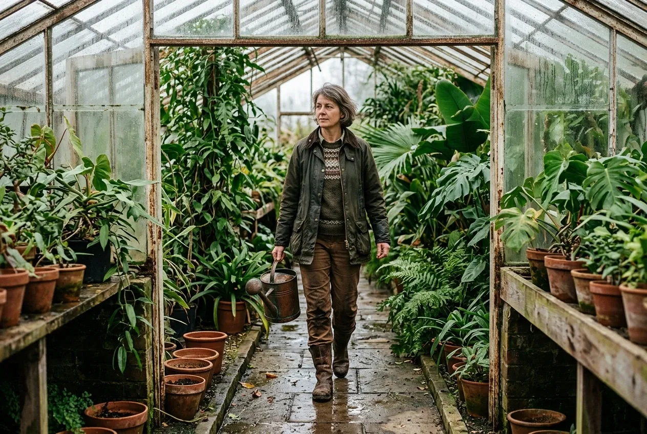 Greenhouse keeper carrying a copper watering can along a wet stone path among lush plants inside a rain-covered glasshouse.