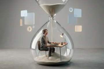 Office worker sitting at a desk inside a giant glass hourglass as sand falls around them in a photorealistic 3D editorial scene about time pressure and digital distraction.