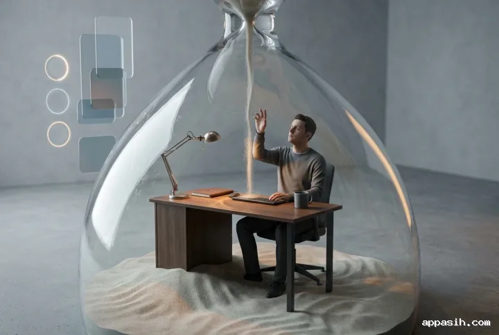 Office worker reaching slightly toward falling sand inside a giant glass hourglass, viewed from a closer three-quarter angle in a photorealistic 3D editorial scene about workplace time pressure.