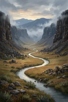 Digital painting of a misty basalt valley with a winding river flowing through amber grasslands beneath dark cliffs at dawn.