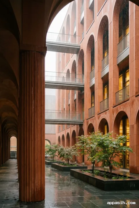 Close cinematic view inside a rainlit terracotta library courtyard with towering arches, sheltered colonnades, elevated bridges, reflective paving, mist, and warm amber interior light.