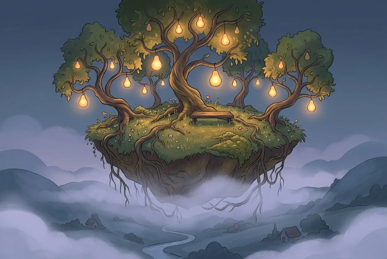 Floating orchard with glowing pear-shaped lanterns above a misty valley in a surreal 2D storybook illustration.