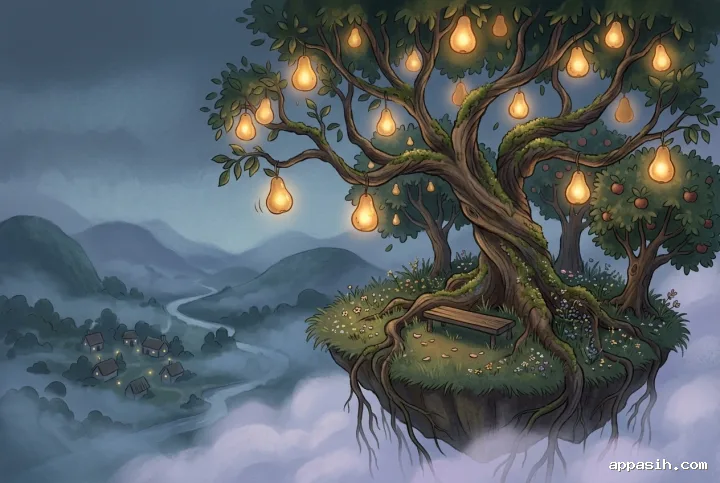 Closer view of a floating orchard with glowing pear-shaped lanterns, wooden bench, trailing roots, and a misty sleeping valley in a 2D storybook illustration.