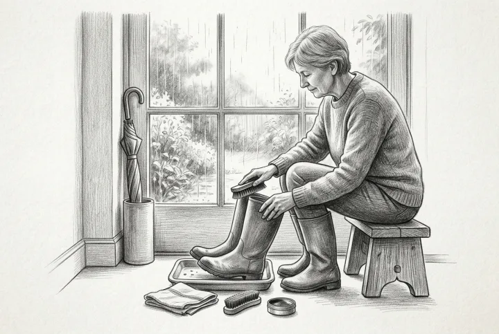 Pencil sketch of an adult cleaning rain-damp leather shoes beside an entryway window on a quiet rainy morning.