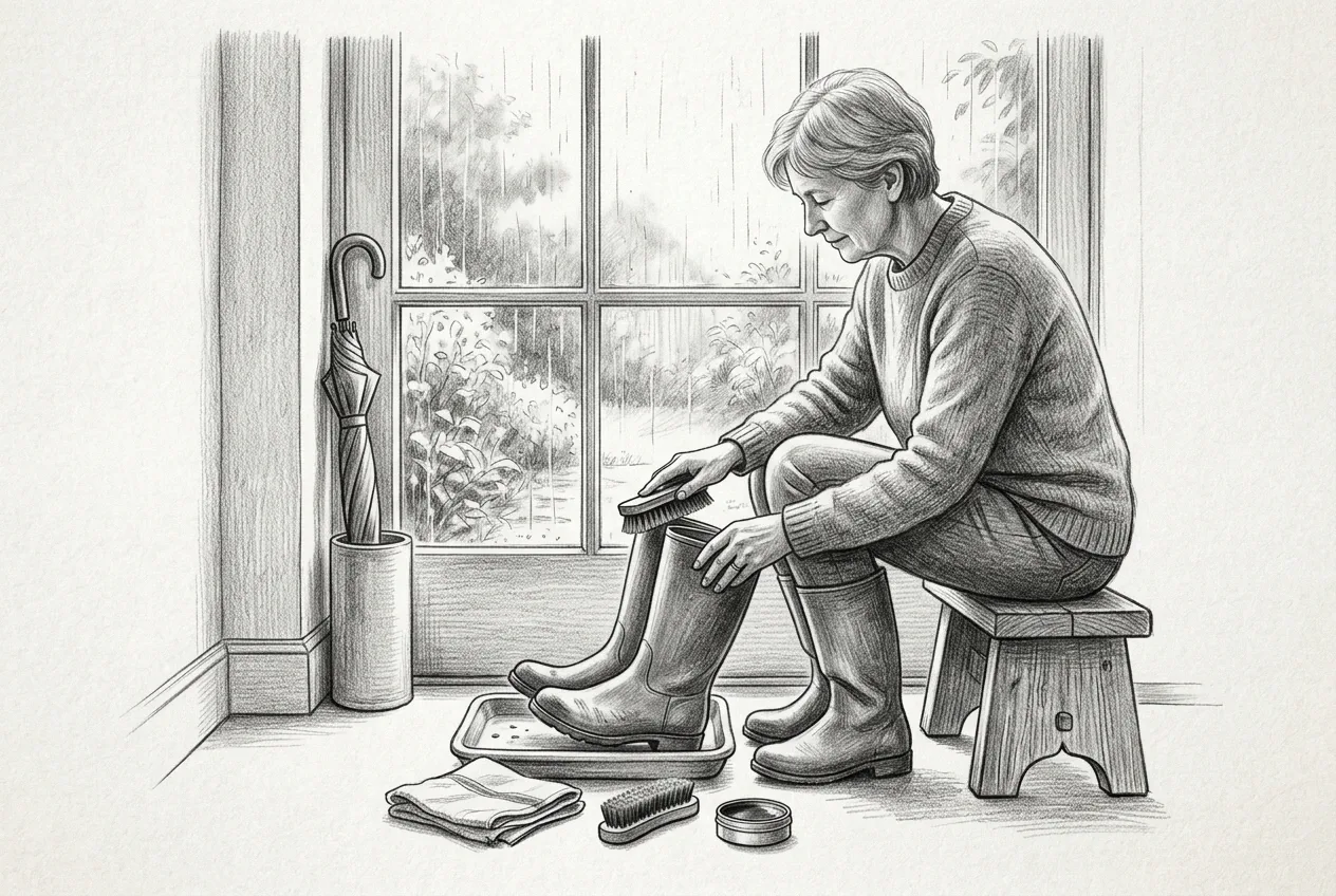 Pencil sketch of an adult cleaning rain-damp leather shoes beside an entryway window on a quiet rainy morning.