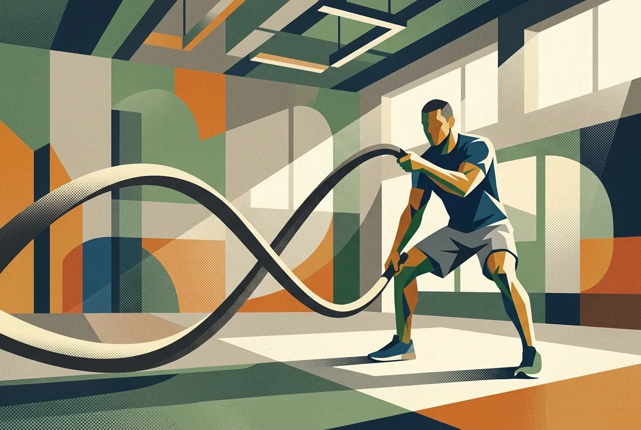 Battle rope athlete exercising in an abstract graphic training studio with sweeping rope waves, geometric shapes, textured surfaces, and strong directional shadows.